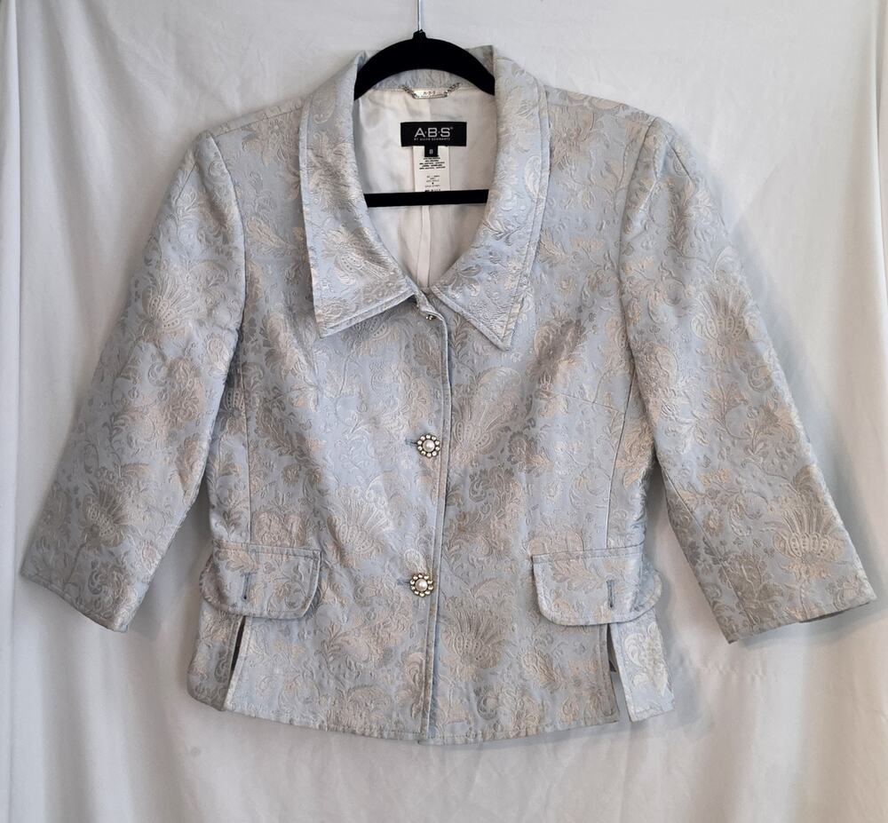 ABS by Allen Schwartz Formal Blazer Blue Brocade Size 8 Pearl & Rhinestone